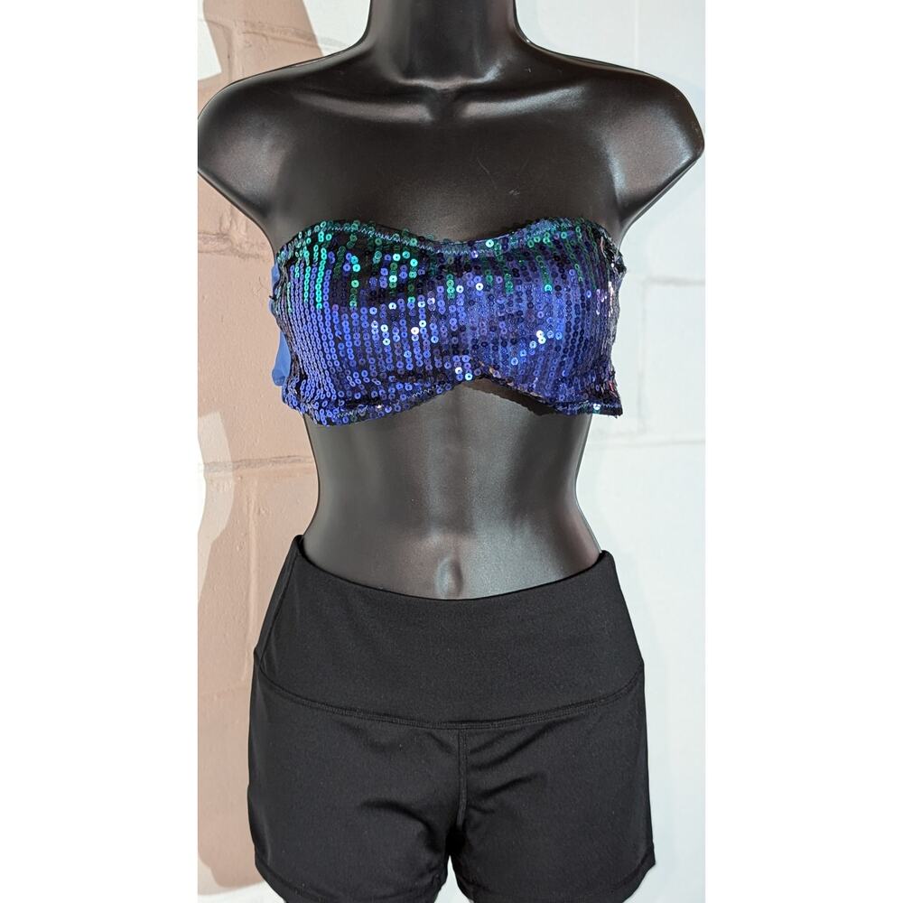 Always a Flirt Sequin Blue Strapless Cropped Tube Top Dance Club Festival Large